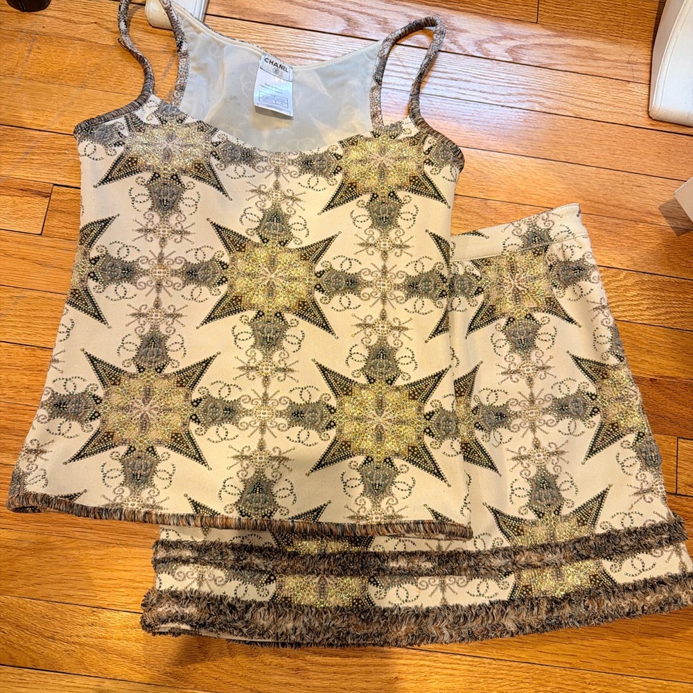 Chanel 2006 Vintage Crystal Studded Star Skirt/Camisole Set in Gold/Ecru